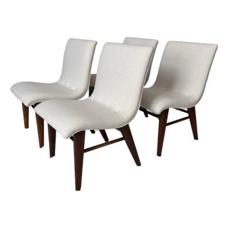 Set of Four Vintage 1950s Walnut and Linen Dining Chairs After Conant Ball For Sale