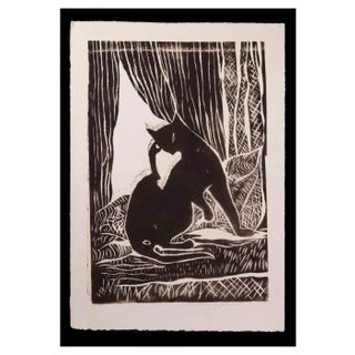 Giselle Halff, Black Cat by the Window, Woodcut Print, Early 20th Century, Framed For Sale