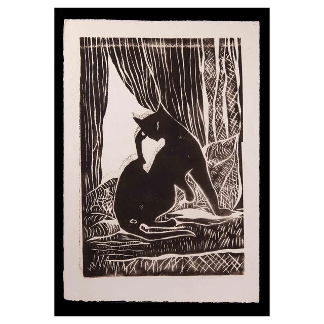 Giselle Halff, Black Cat by the Window, Woodcut Print, Early 20th Century, Framed For Sale