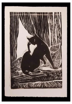 Giselle Halff, Black Cat by the Window, Woodcut Print, Early 20th Century, Framed