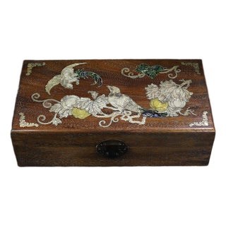 Vintage Chinese Huali Rosewood Box | Mother-of-Pearl Inlaid Bird & Flower Motif For Sale