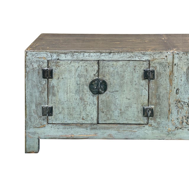 Slate Gray Distressed Light Teal Gray Low Doors Hardware Console Sideboard Cabinet For Sale - Image 8 of 12