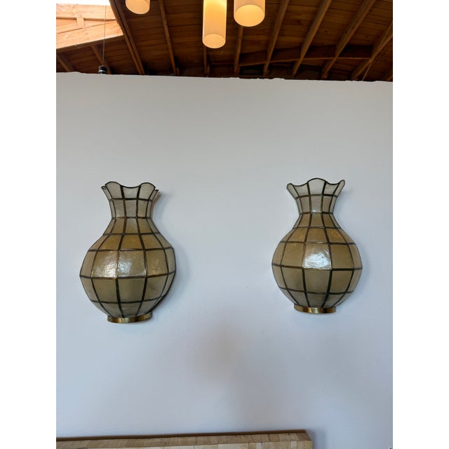 1970s Pair of Capiz Shell and Brass Wall Sconces Small, 1970s For Sale - Image 5 of 9