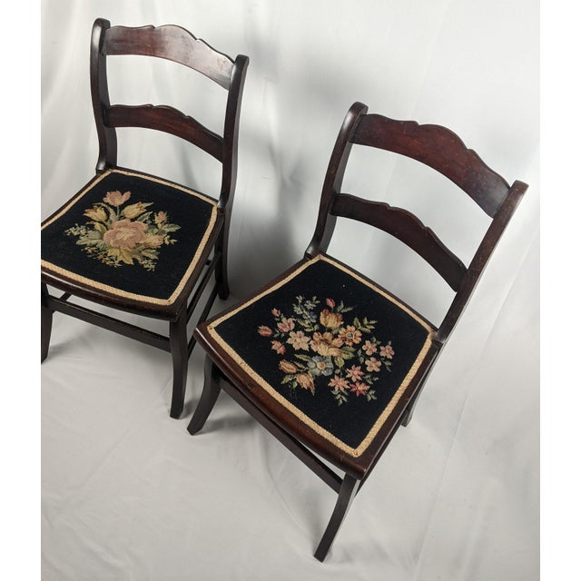 Brown Pair of Vintage Tell City Style Dark Wood Chairs With Black Floral Needlepoint Seats For Sale - Image 8 of 14