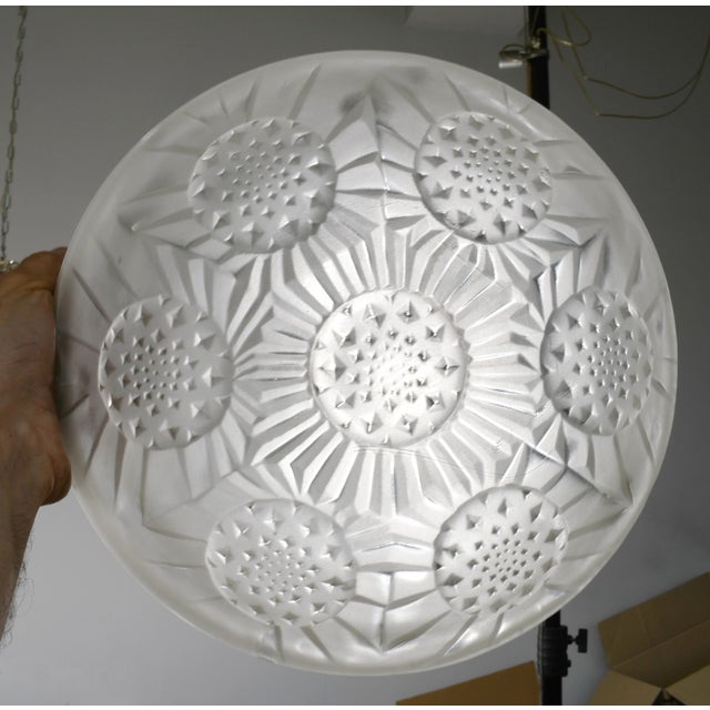 Metal French Art Deco Pendant Light - Frosted Glass Bowl by Noverdy 1930s - 3 Available For Sale - Image 7 of 12