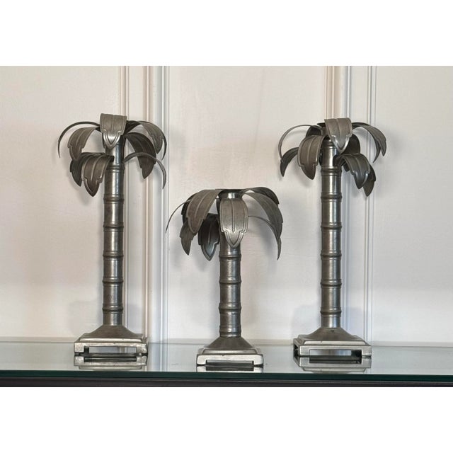 Mid 20th Century Vintage Coastal Regency Style Palm Tree Galvanized Aluminum Candlesticks, Set of 3 For Sale - Image 5 of 7