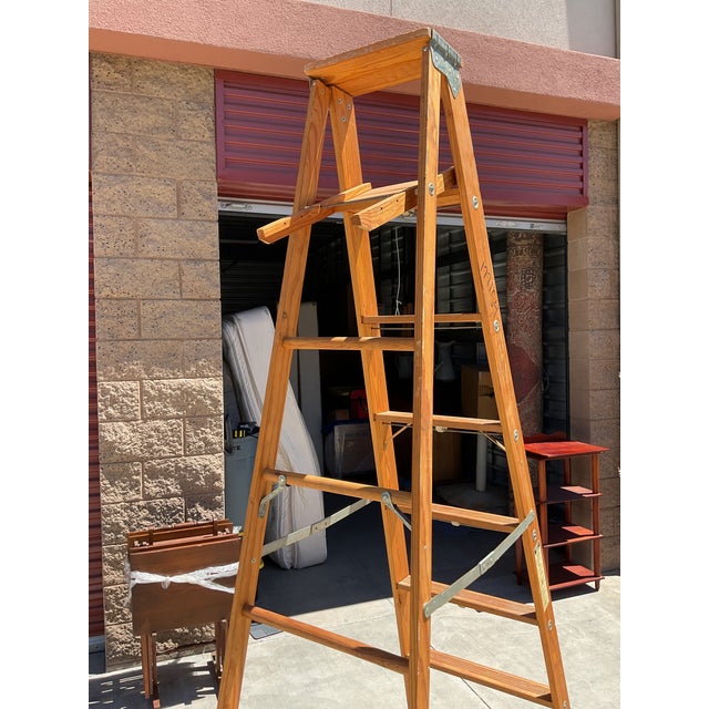 1970s Vintage Wooden Painter’s Step Ladder With Folding Paint Shelf – Solid Wood – Rustic Farmhouse Decor For Sale - Image 5 of 16