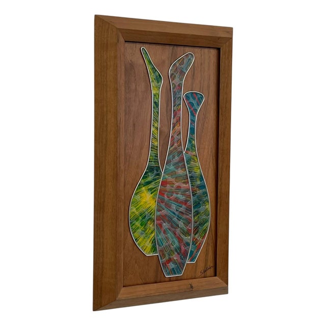 Vintage mid-century modern mixed media wall art by Sheldon, featuring three elongated abstract forms mounted in relief...