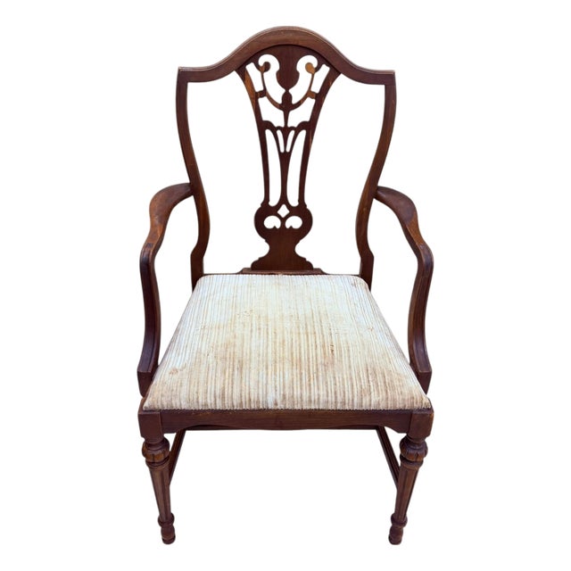 Antique 1920s Federal Hepplewhite Revival Walnut Dining Armchair Pierced Back For Sale