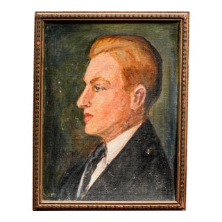 Art Deco Era Antique Oil Painting Profile Portrait of Young Man in Suit Framed For Sale