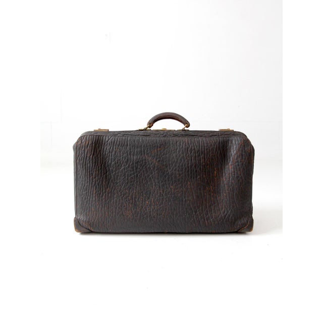 Early 20th Century Antique 1920s Black Leather Suitcase With Brass Hardware For Sale - Image 5 of 14