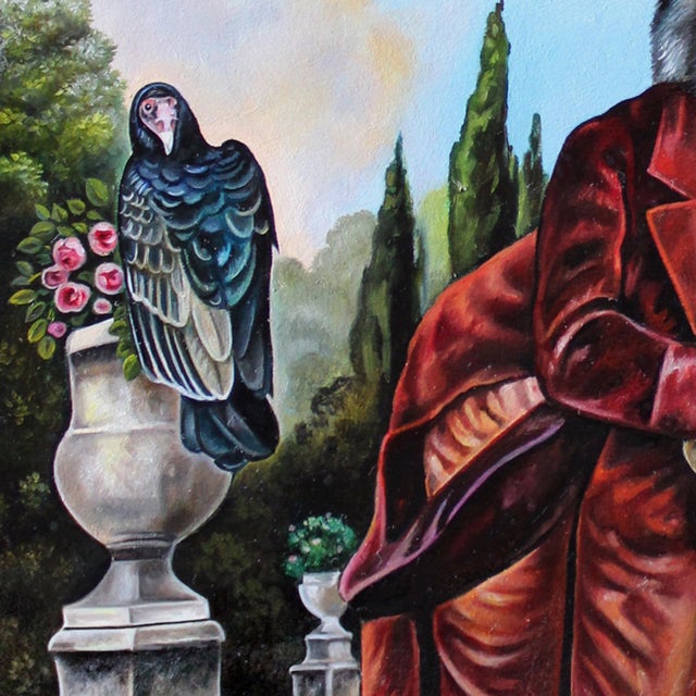 Surrealism Lust for Life by Claudia Griesbach-Martucci | Oil on board Wolf-headed figure in a garden setting. For Sale - Image 3 of 5