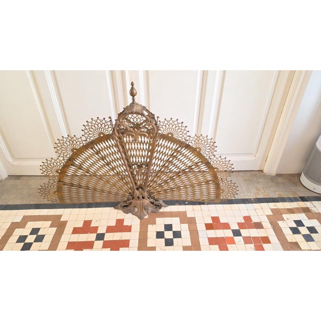 Art Nouveau Antique Victorian Brass Fireplace Screen Ornate Folding Fan Peacock Fire Guard Hearth Screen Art Nouveau Home Decor For Sale - Image 3 of 15