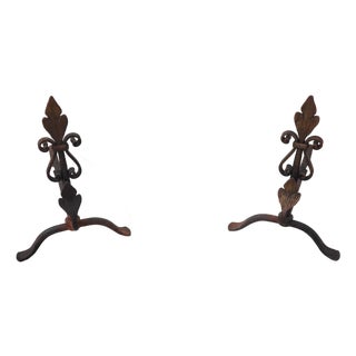 Pair Vintage Fleur -De- Lis Iron Work Fireplace Andirons For Sale