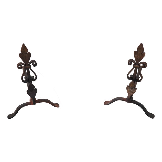 Pair Vintage Fleur -De- Lis Iron Work Fireplace Andirons For Sale