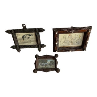 Antique French Tramp Art Frames With Handcolored Lithographs, Set of 3 For Sale