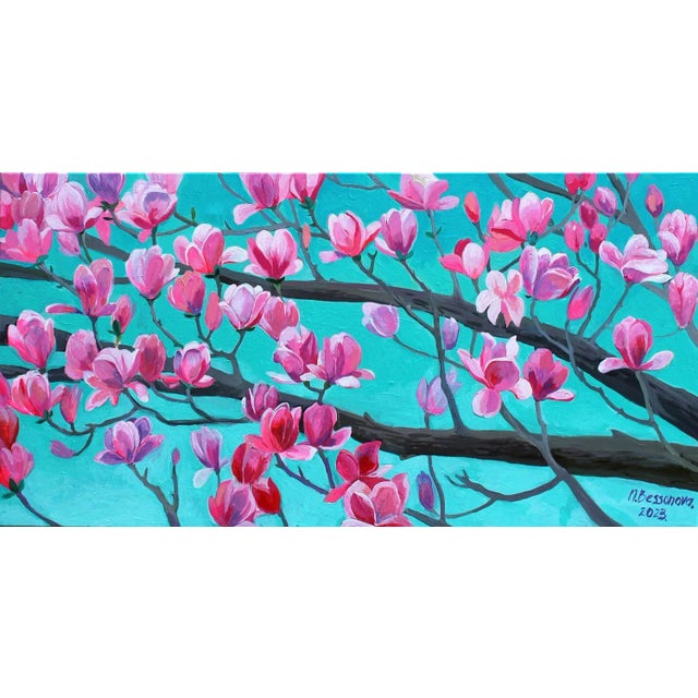 "Blooming Magnolias" Contemporary Botanic Expressionist Acrylic Painting on Canvas by Natalia Bessonova For Sale