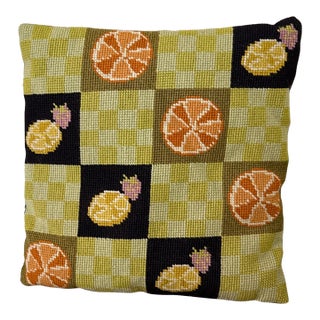 Vintage 1970s Needlepoint Fruit Pillow For Sale