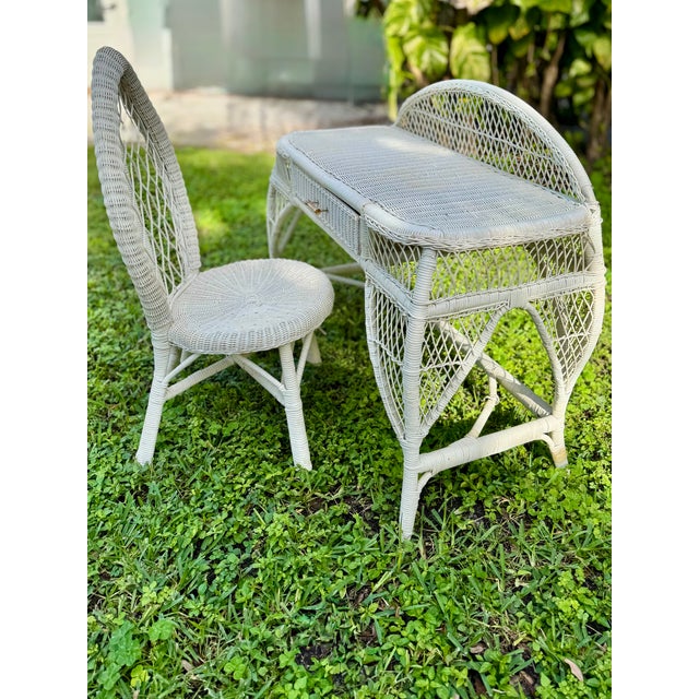 Wood Vintage White Wicker Vanity Desk and Chair Set | Palm Beach Regency | Boho Chic For Sale - Image 7 of 11