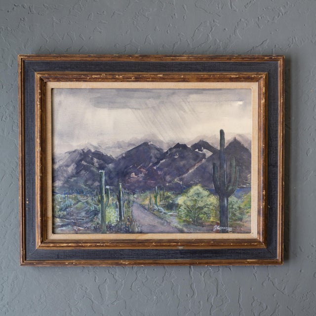 Black Moody Cactus Watercolor Landscape Painting of Tucson Arizona For Sale - Image 8 of 11