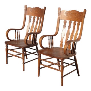Pair Vintage French Country Farmhouse Pressback Oak Side Chairs W Rolled Armrests For Sale