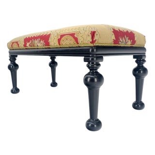 Tapestry Upholstery Massive Turned Black Lacquer Legs Window Bench MINT For Sale