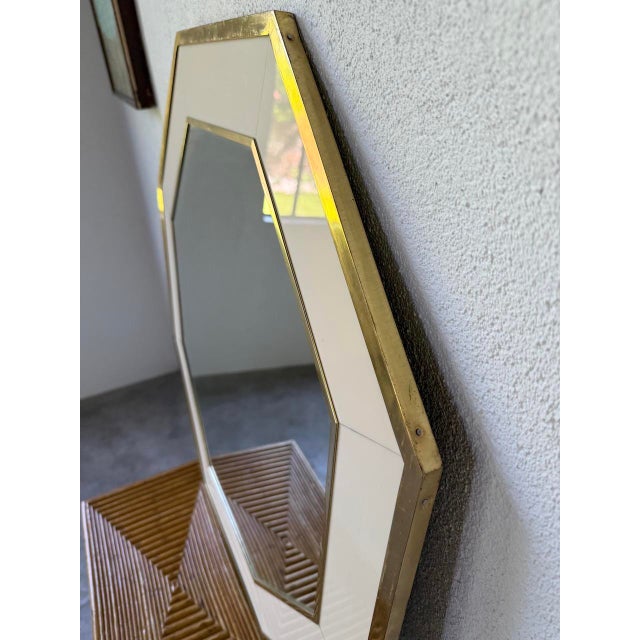 Octagonal Mirror in White Lacquer and Brass by Jean Claude Mahey, 1970s For Sale - Image 15 of 18