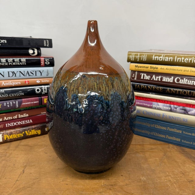 Rustic Rounded Brown and Blue Ceramic Vase with Narrow Neck For Sale - Image 3 of 9