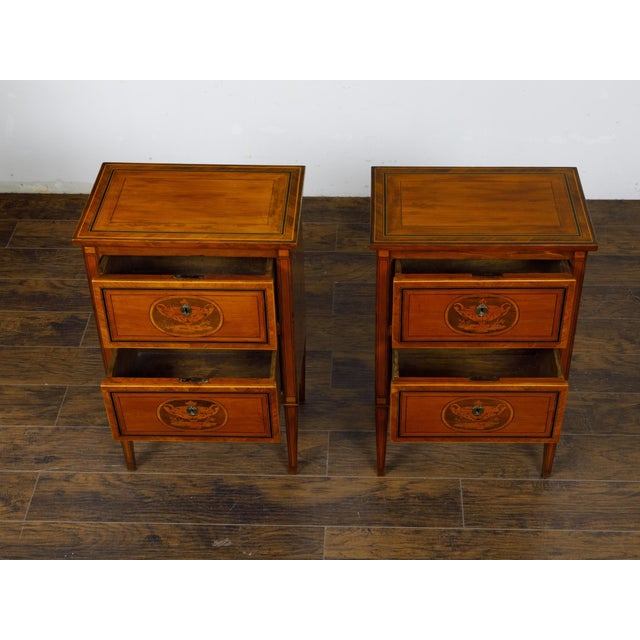Pair of Italian Neoclassical 1800s Walnut Bedside Tables with Marquetry Décor For Sale - Image 10 of 12