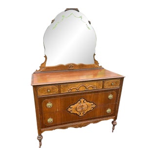 Antique Victorian Walnut Dresser With Carved Details & Mirror For Sale