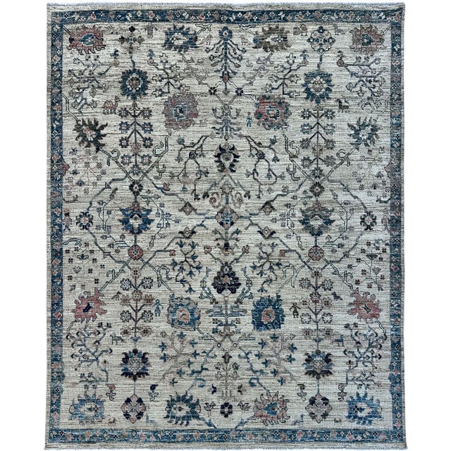 Boho Chic Oushak Turkish Rug, Ivory and Blue 8'4" X 9'10" For Sale - Image 3 of 9