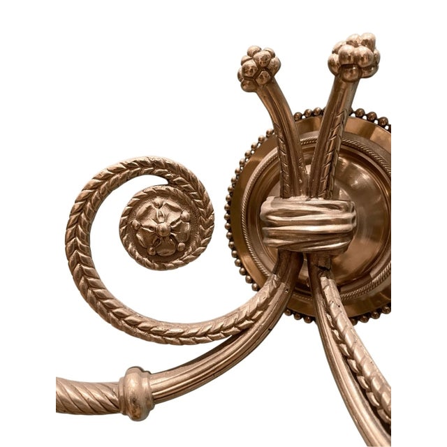 Mid 20th Century Vintage Neoclassical Style Brass Wall Sconce 2 Light Arm Rope Design For Sale - Image 5 of 6