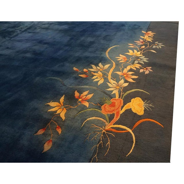 Royal Blue 1930s Royal Blue Solid Floral Modernist Antique Chinese Art Deco Gallery Rug For Sale - Image 8 of 12
