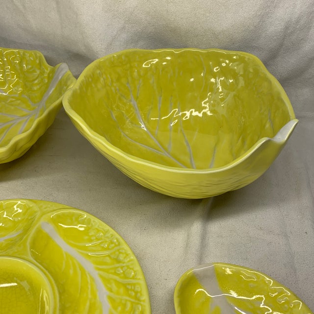This set features vintage yellow majolica cabbageware ceramic serving pieces made by Secla in Portugal, showcasing...