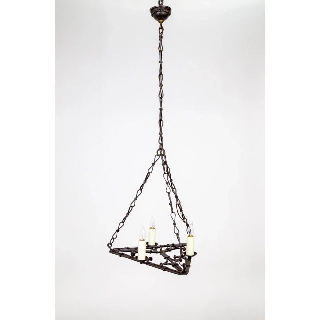 Early 20th Century Early 20th Century Flat Triangular Wrought Iron Gothic Revival 3-Light Chandelier For Sale - Image 5 of 11