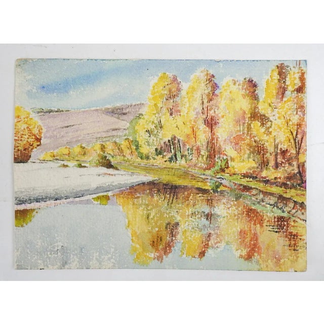 Rustic European Small 1935 French Autumn Riverside Landscape Watercolor Painting For Sale - Image 3 of 3