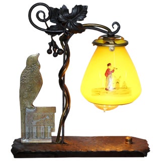 Bronze Bird & Wrought Iron Table Lamp with Painted Glass Shade, 1930s For Sale