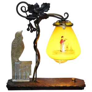 Bronze Bird & Wrought Iron Table Lamp with Painted Glass Shade, 1930s