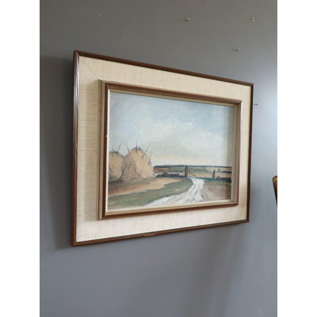 Mid-Century Modern 'Haystacks by the Gate' Vintage Original Landscape Oil Painting, Framed For Sale - Image 4 of 11