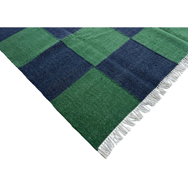 Mid-Century Modern Handmade Woolen Flat Weave Rug, Forest Green and Greyish Blue Checker Board Dhurrie - 5'x8' For Sale - Image 3 of 12