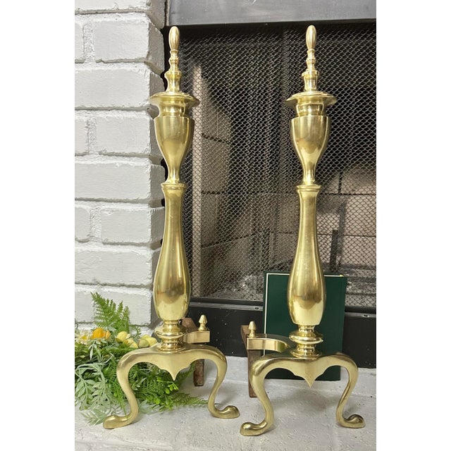 Vintage Federal Styled Andirons Solid Brass Cast Iron Legs Fire Dogs - a Pair For Sale - Image 4 of 7