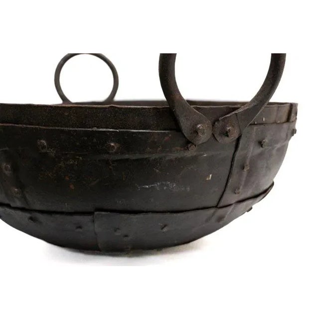 1950s Vintage Round Hand Hammered Metal Bowl W/ Two Handles For Sale - Image 5 of 10