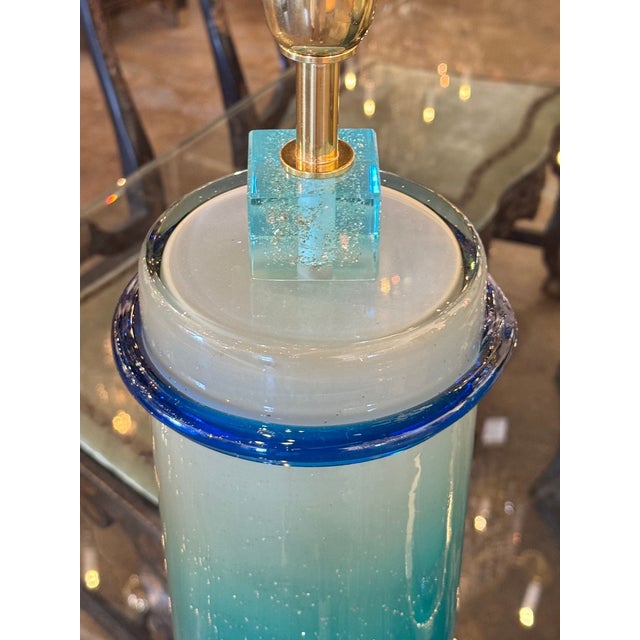 Murano Blue Glass Column Lamps - a Pair For Sale - Image 4 of 7