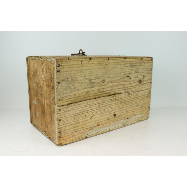 Antique Wooden Tool Chest With Leather Handle and Turquoise Paint For Sale - Image 4 of 11