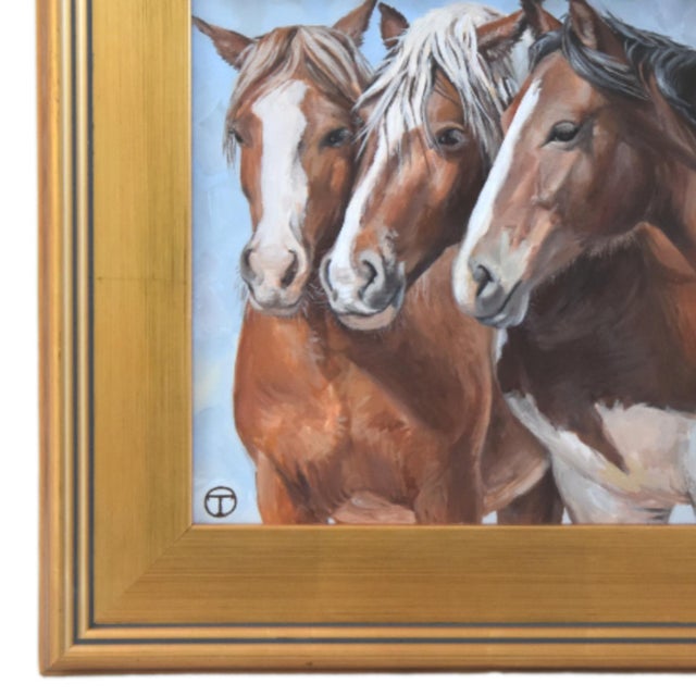 Three Horses portrait study, acrylic painting on artist panel. Included are the antiqued gold wood frame and hanging...