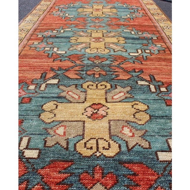 Mid 20th Century Colorful Antique Oushak Runner With Medallion Design in Terracotta, Yellow & Teal Blue For Sale - Image 5 of 9