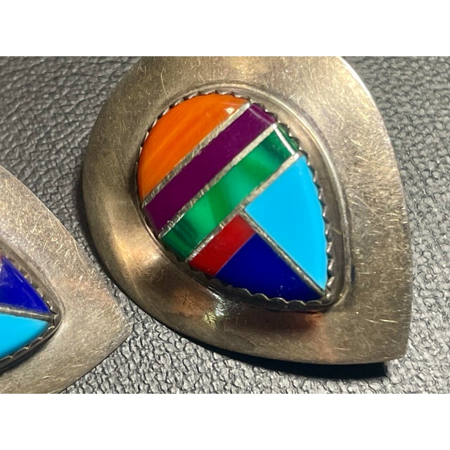 Native American Zuni Pueblo artist Beon Wallace multi-stone mosaic inlay earrings. The clean-edged, flush mosaic pattern...