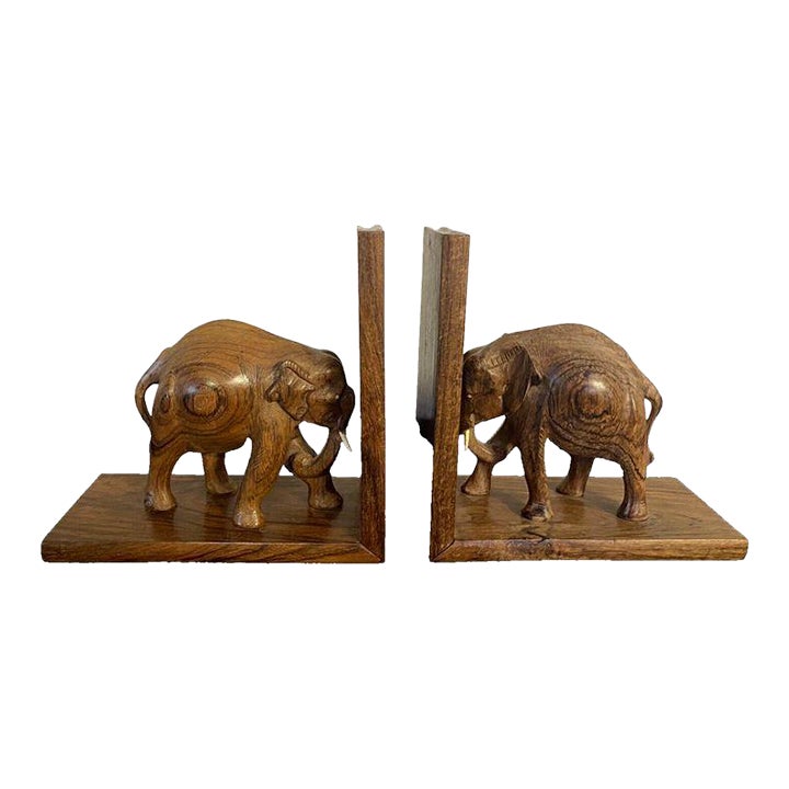 Vintage Hand Carved Wood Elephant Bookends With Tusks Pair Chairish