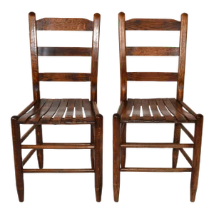 Pair of Mid-20th Century Handmade Solid Oak Ladder Back Side Bistro Dining Chairs
