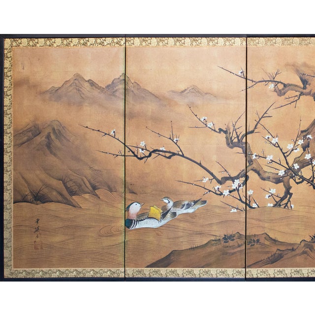Lovely Japanese painted 4-panel byobu (folding screen) by Yukiga. The title is "Ancient Plum Blossoms and Mandarin Ducks."...
